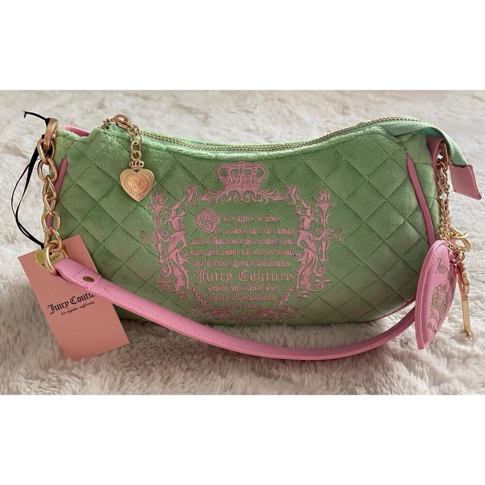 Juicy Couture Juicy Tale Shoulder Bag Retro Green Pink Quilted Bag Purse NEW - Picture 2 of 16